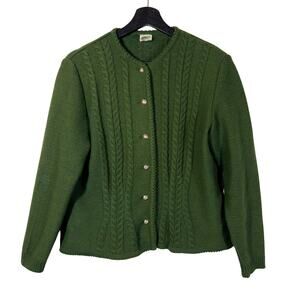 Dark Green Cable Knit Cardigan Sweater Silver Buttons German Wool Blend Preppy